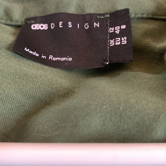 Asos green henley collar tiered dress black circles  gathered wrists Size 8 EUC - Picture 8 of 8